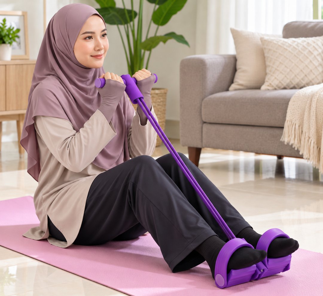 Wanita muslimah bersenam dengan Pedal Fit di atas mat di rumah